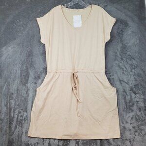 Summer Tshirt Dress Beige Stretch Tie Womens XL Mini Beach Resort Pockets NEW